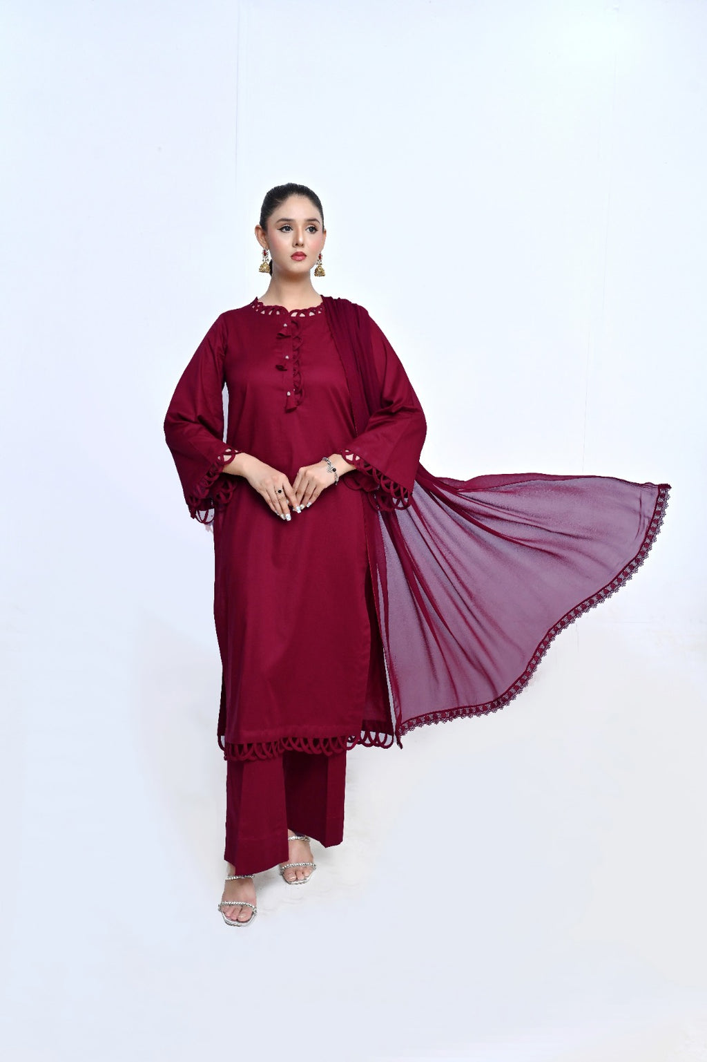 3 Piece Lawn-Cotton (Rose Red)