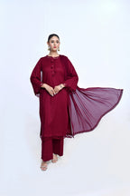 3 Piece Lawn-Cotton (Rose Red)