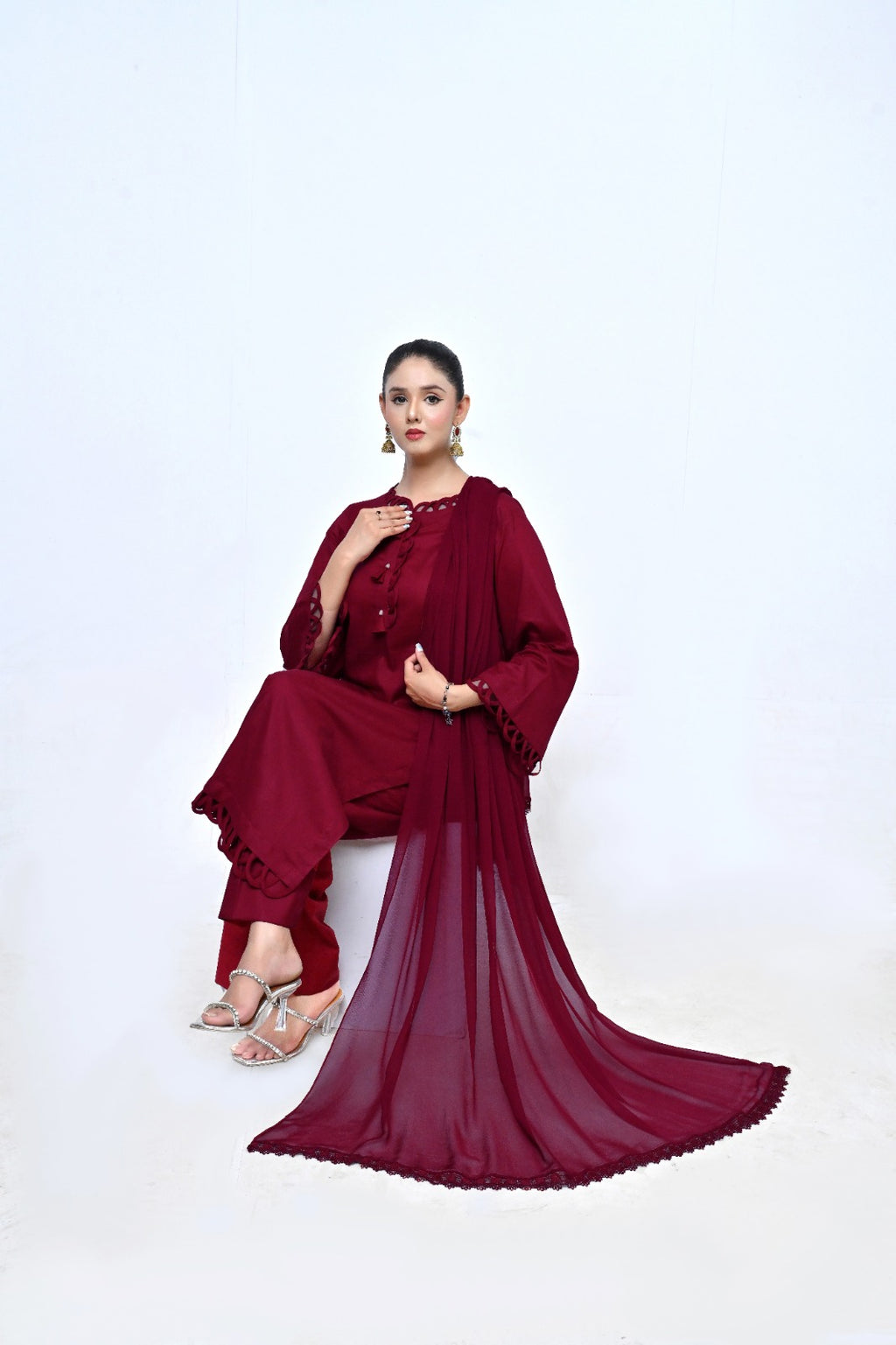 3 Piece Lawn-Cotton (Rose Red)