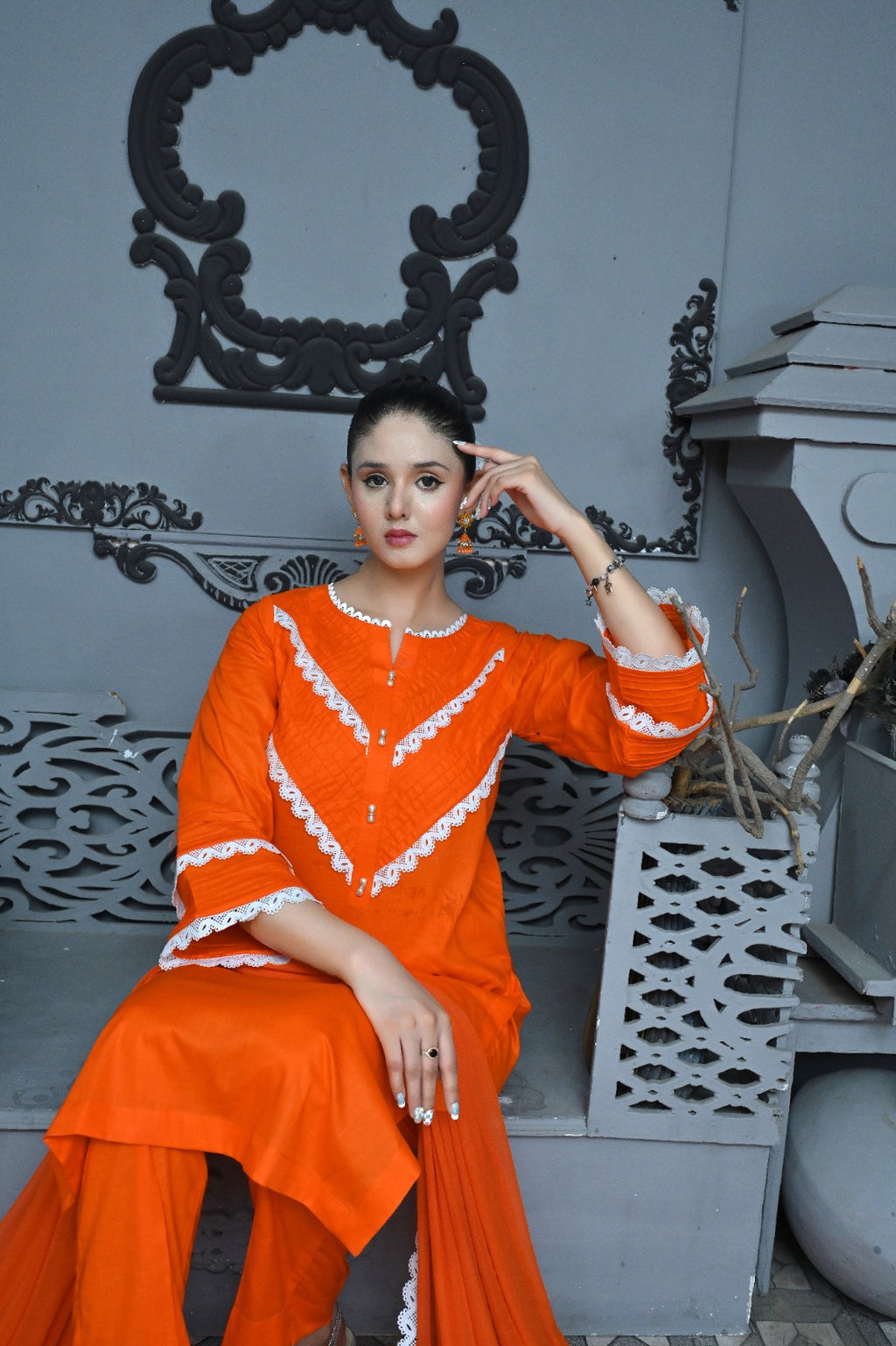 3 Piece Lawn-Cotton (Orange Bloom)