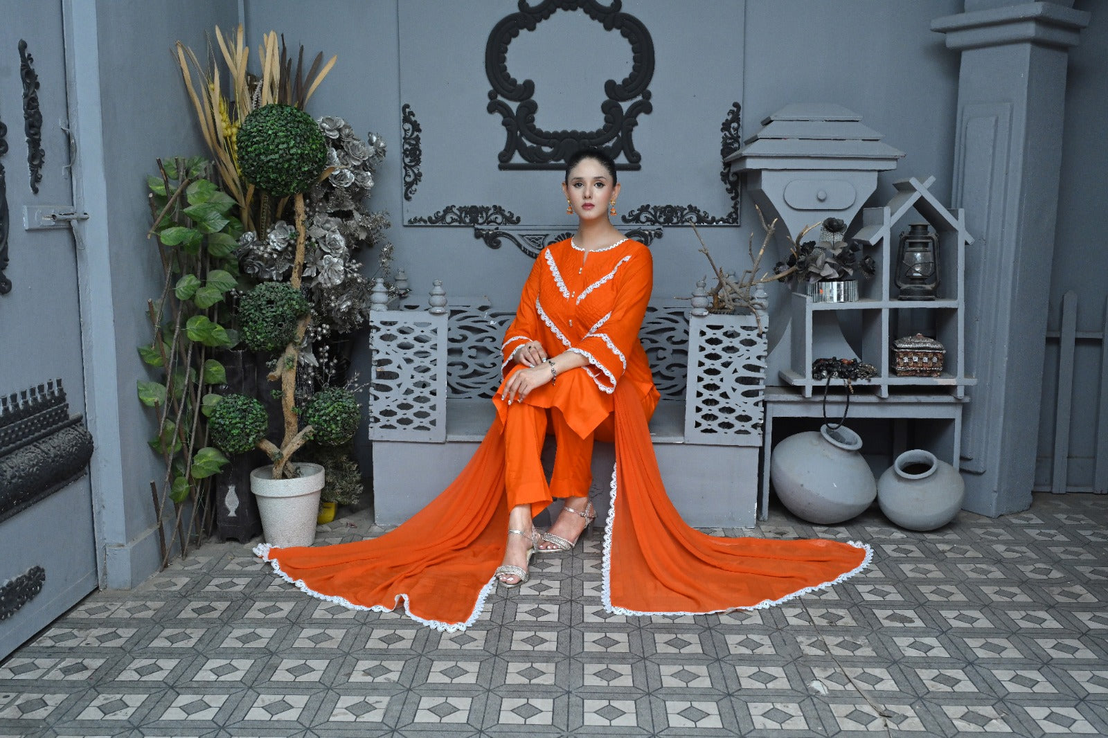 3 Piece Lawn-Cotton (Orange Bloom)